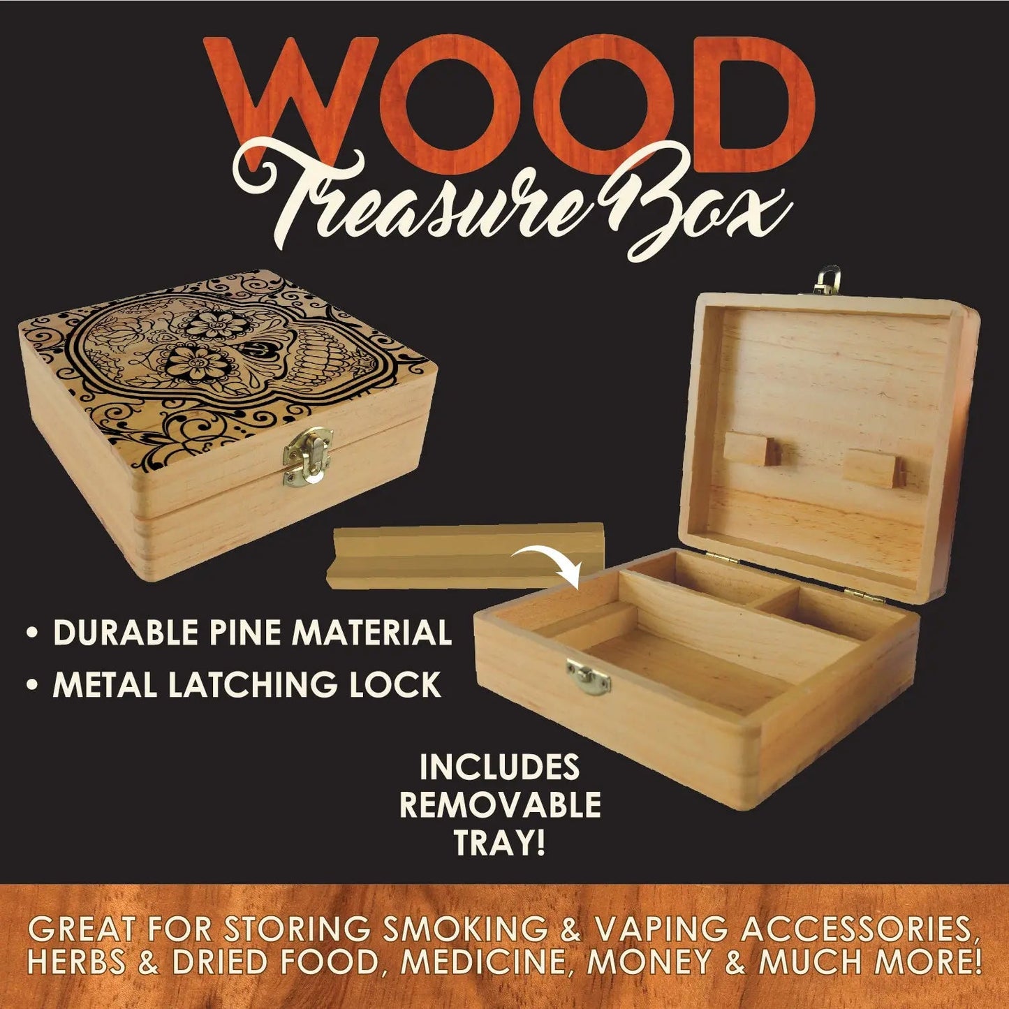 Wood Storage Box with Removable Tray - 6 Pieces Per Retail Ready Display 28198 SMOKEZILLA