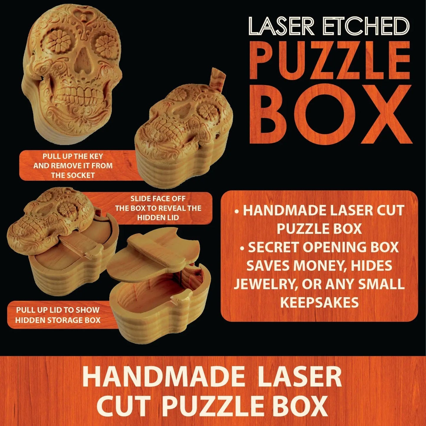 Wood Skull Puzzle Storage Box - 6 Pieces Per Retail Ready Display 28905 SMOKEZILLA