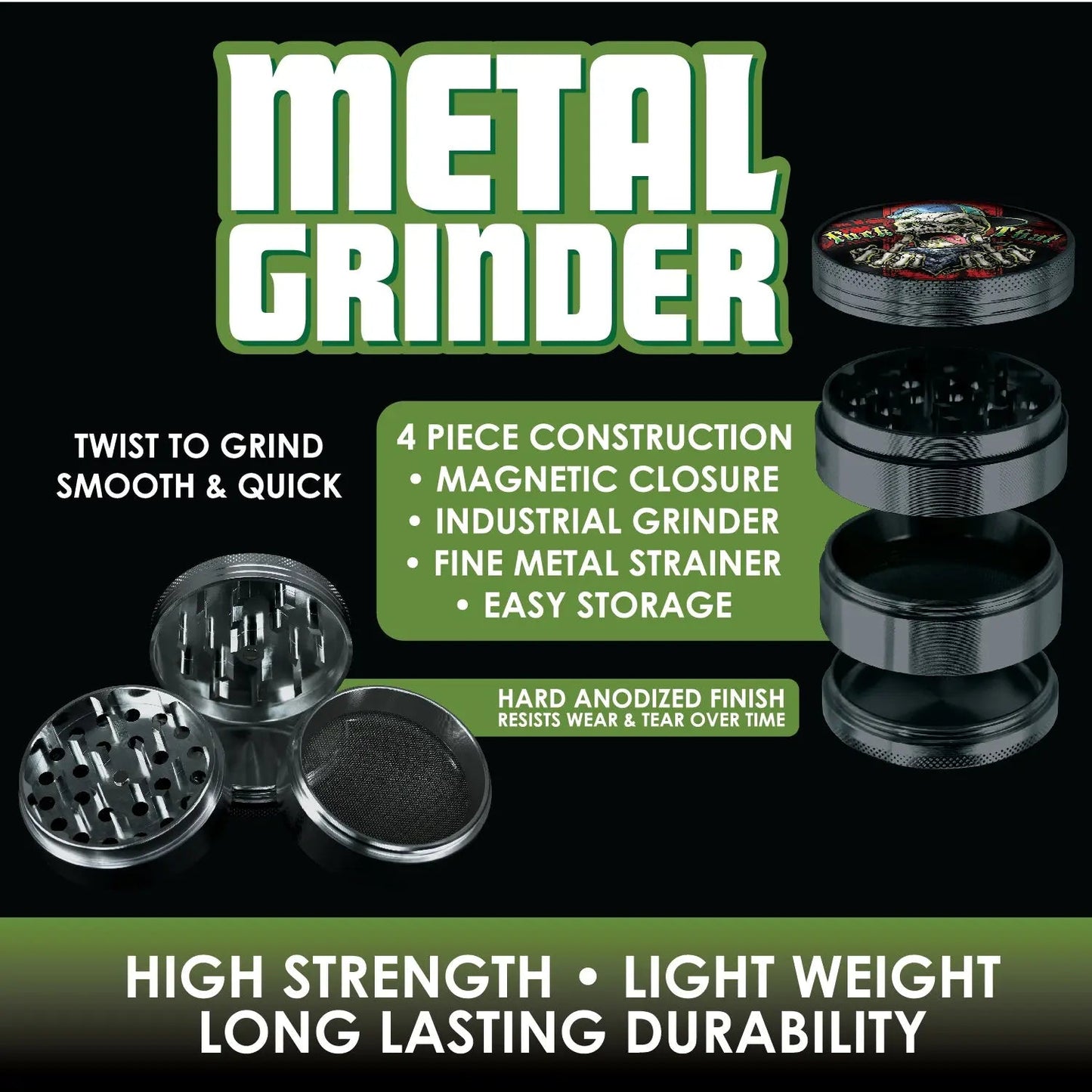 Metal 4 Piece Grinder with Printed Top - 6 Pieces Per Retail Ready Display 30015 SPICY ZILLA