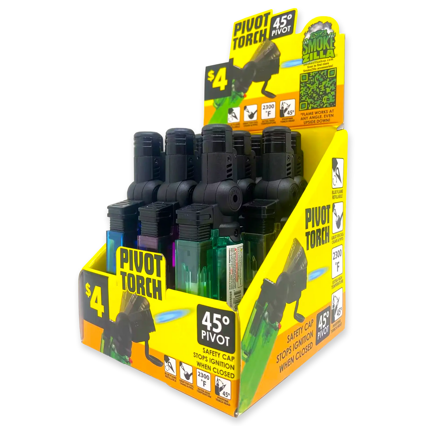 Pivot Head Torch Lighter with Flip Down Lid- 10 Pieces Per Retail Ready Display 41590 SMOKEZILLA