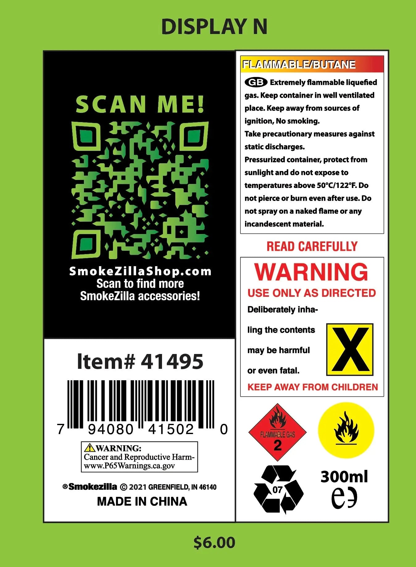 300ML Bulk Smokezilla Butane Refill - 6 Pieces Per Retail Ready Display 41495 SMOKEZILLA