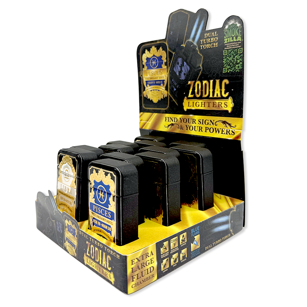 Zodiac Foil Dual Turbo Torch Lighter- 12 Pieces Per Retail Ready Display 25921