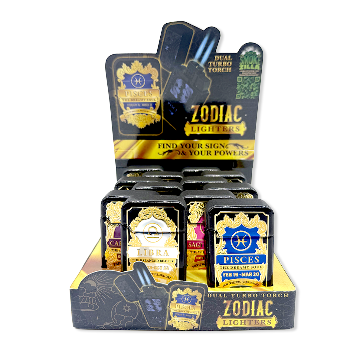 Zodiac Foil Dual Turbo Torch Lighter- 12 Pieces Per Retail Ready Display 25921