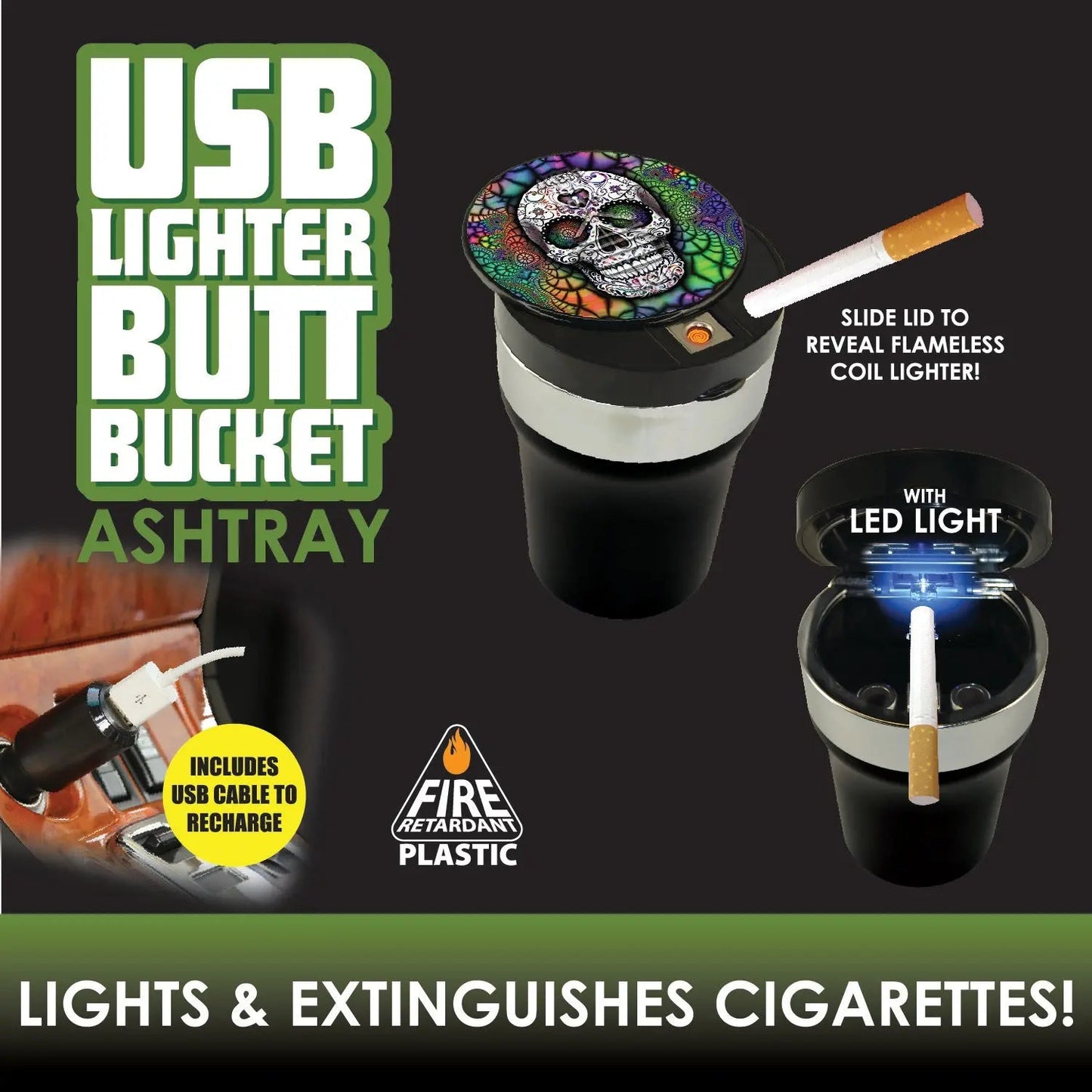 Printed Lid Butt Bucket Ashtray with USB Coil Lighter and LED Light - 6 Per Retail Ready Display 22378 SMOKEZILLA