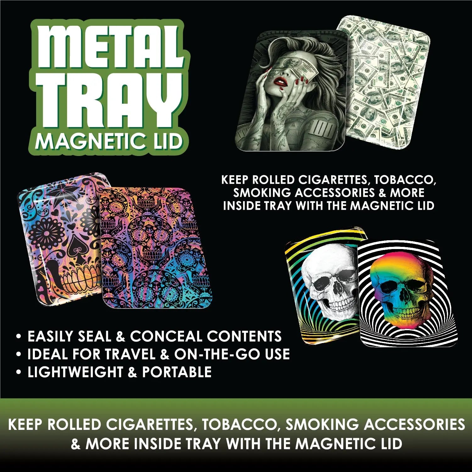 Metal Roll Tray with Magnetic Cover - 6 Pieces Per Retail Ready Display 22606 SMOKEZILLA