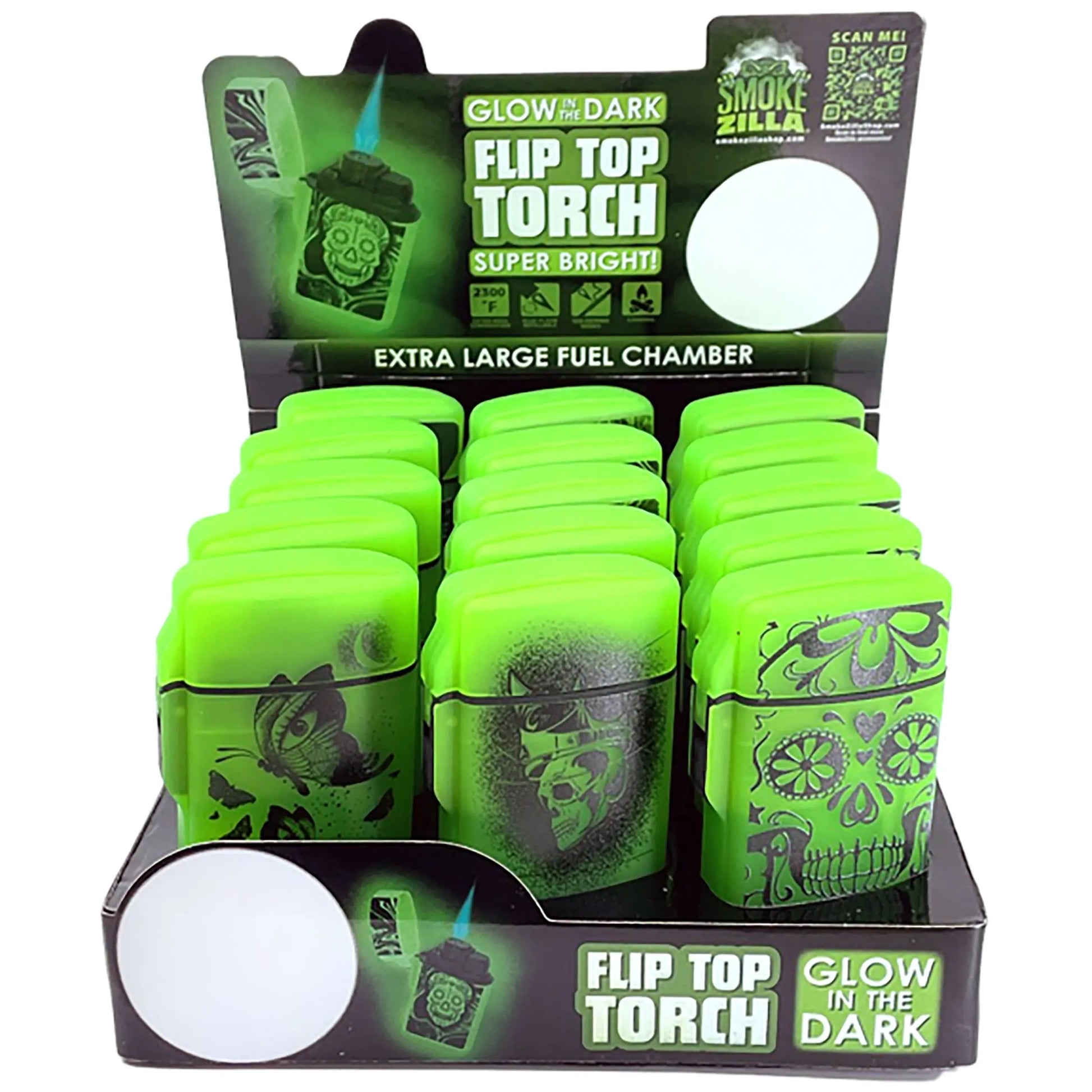 Glow in The Dark Flip Top Torch Lighter - 15 Pieces Per Retail Ready Display 22678 SMOKEZILLA
