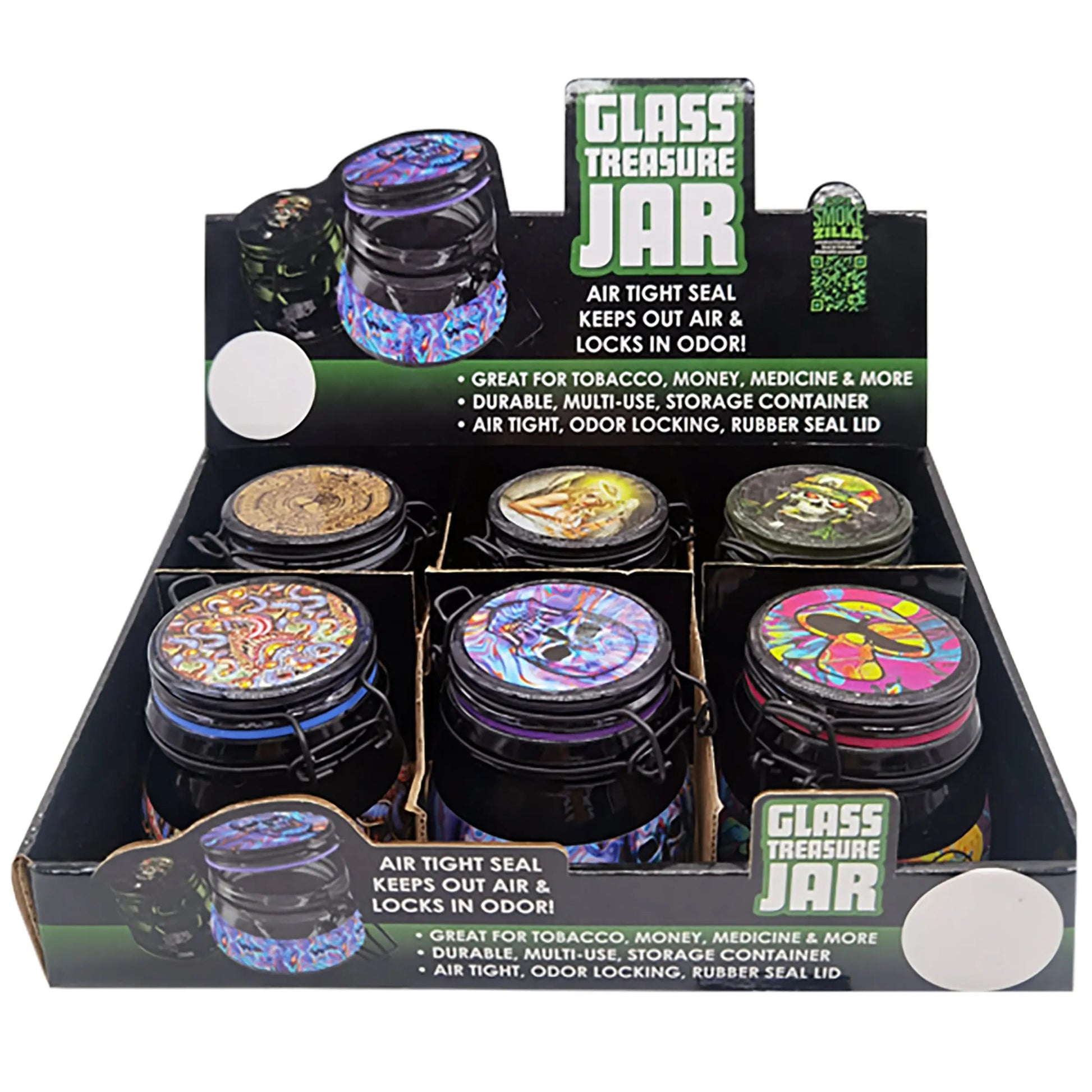 Glass Storage Jar with Clasp - 6 Pieces Per Retail Ready Display 22681 SMOKEZILLA