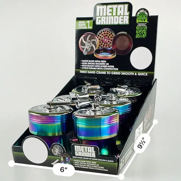 Metal 4 Piece Rainbow Grinder with Crank - 6 Pieces Per Retail Ready Display 22703 SMOKEZILLA