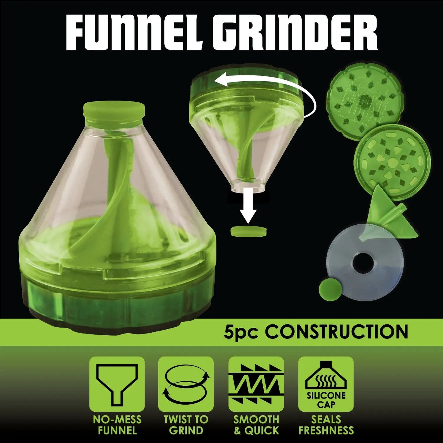 Plastic 5 Piece Funnel Grinder - 12 Pieces Per Retail Ready Display 22805 SMOKEZILLA