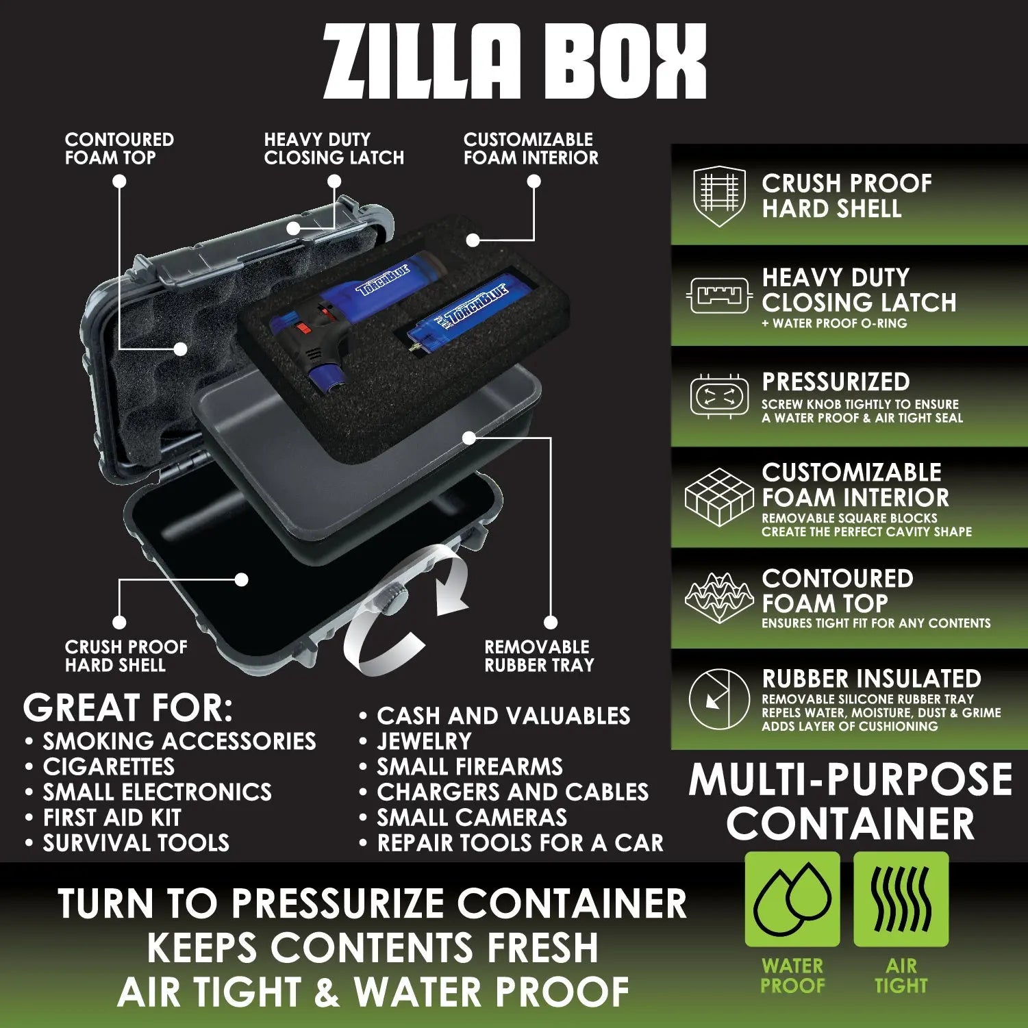 Smell Proof Pressurized Storage Box with Customizable Foam - 4 Pieces Per Retail Ready Display 23239 SMOKEZILLA