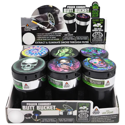 Printed Lid Butt Bucket Ashtray with Power Exhaust Fan - 6 Pieces Per Retail Ready Display 23255 SMOKEZILLA
