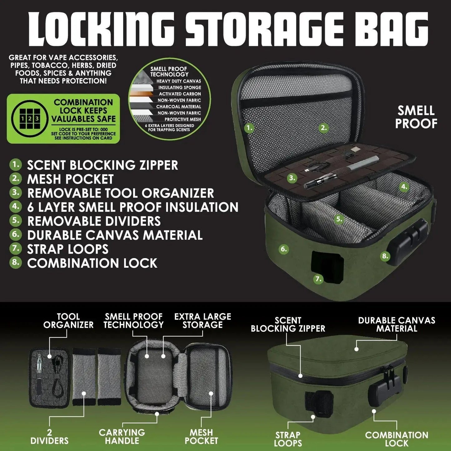 Smell Proof Canvas Lock Bag with Tool Organizer - 2 Pieces Per Pack 41500 SMOKEZILLA