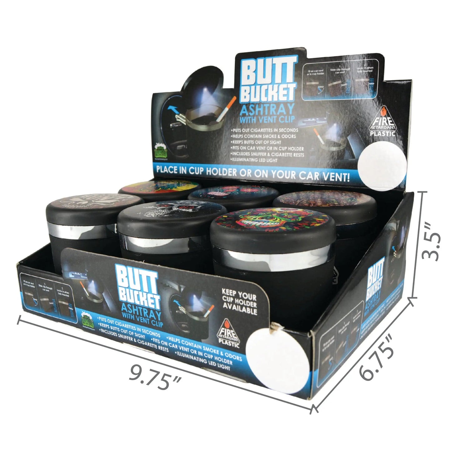 Printed Lid Butt Bucket Ashtray with Vent Clip and LED Lights - 6 Per Retail Ready Display 23359 SMOKEZILLA