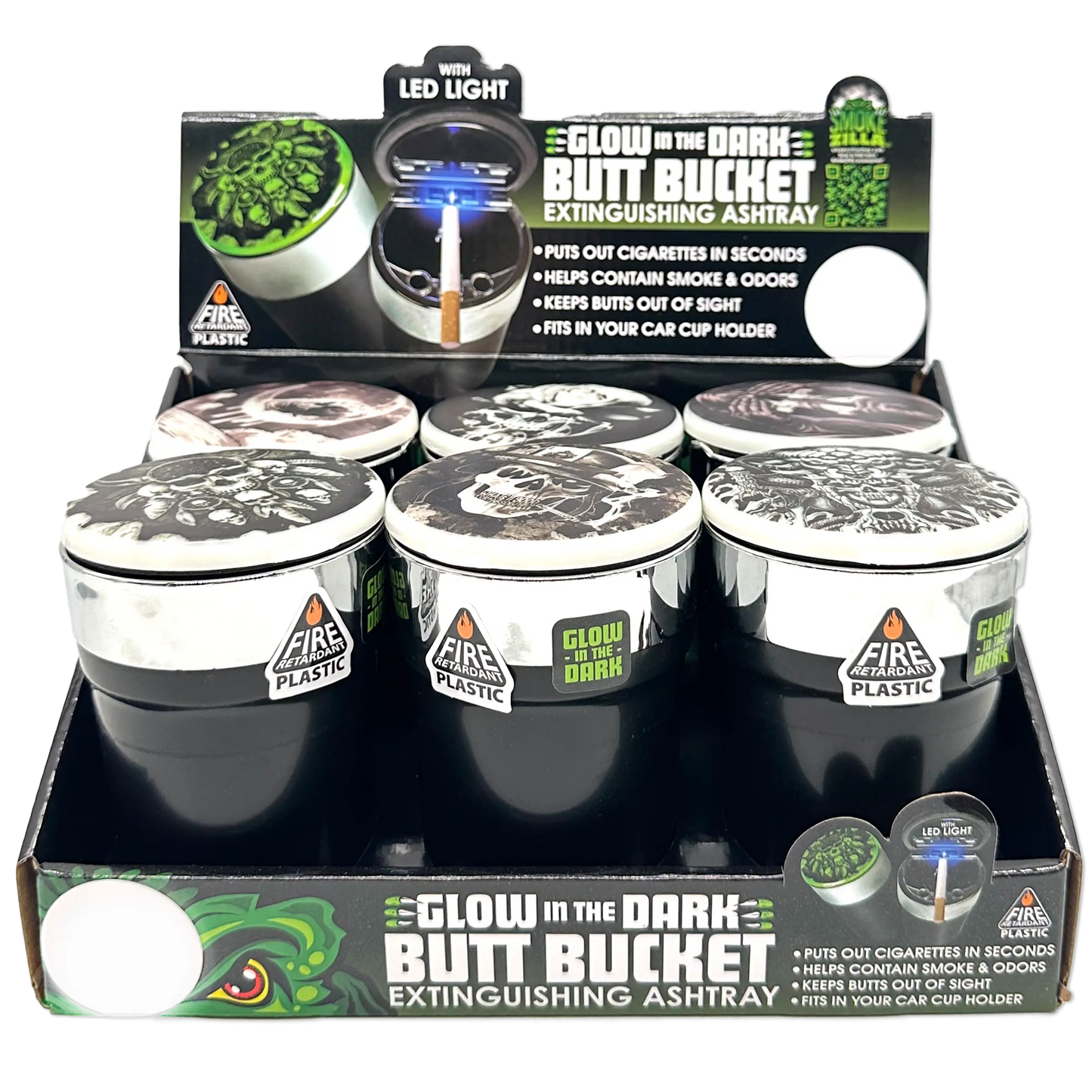 Glow In The Dark Lid Butt Bucket Ashtray with LED Light - 6 Per Retail Ready Wholesale Display 23543 SMOKEZILLA