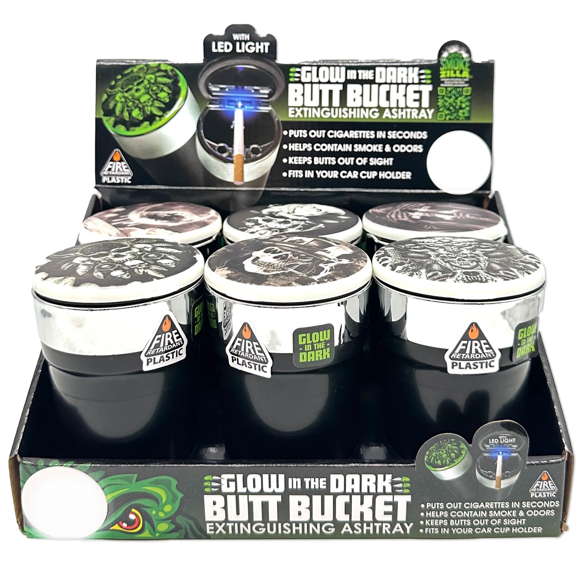 Glow In The Dark Lid Butt Bucket Ashtray with LED Light - 6 Per Retail Ready Wholesale Display 23543 SMOKEZILLA