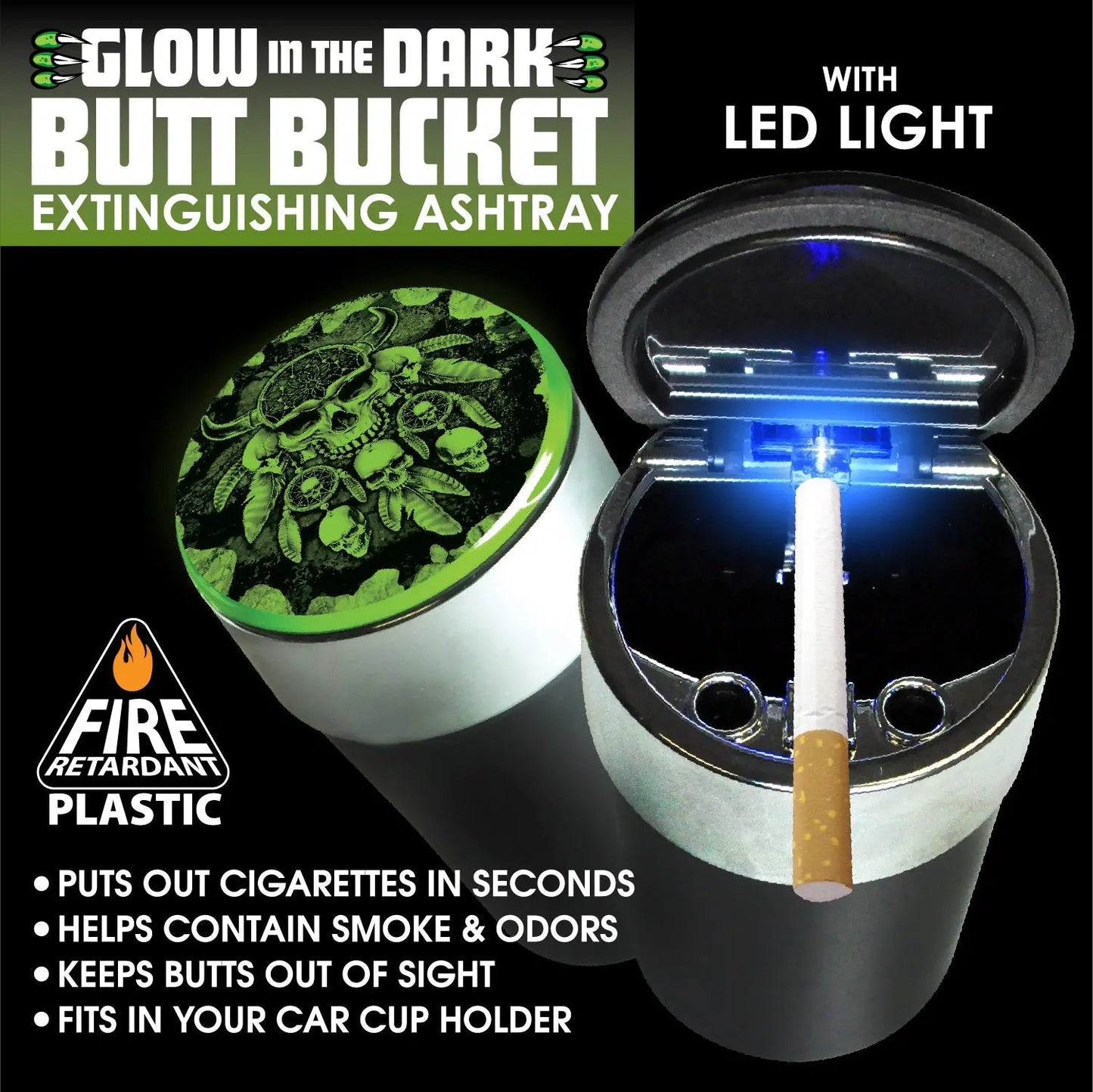 Glow In The Dark Lid Butt Bucket Ashtray with LED Light - 6 Per Retail Ready Wholesale Display 23543 SMOKEZILLA