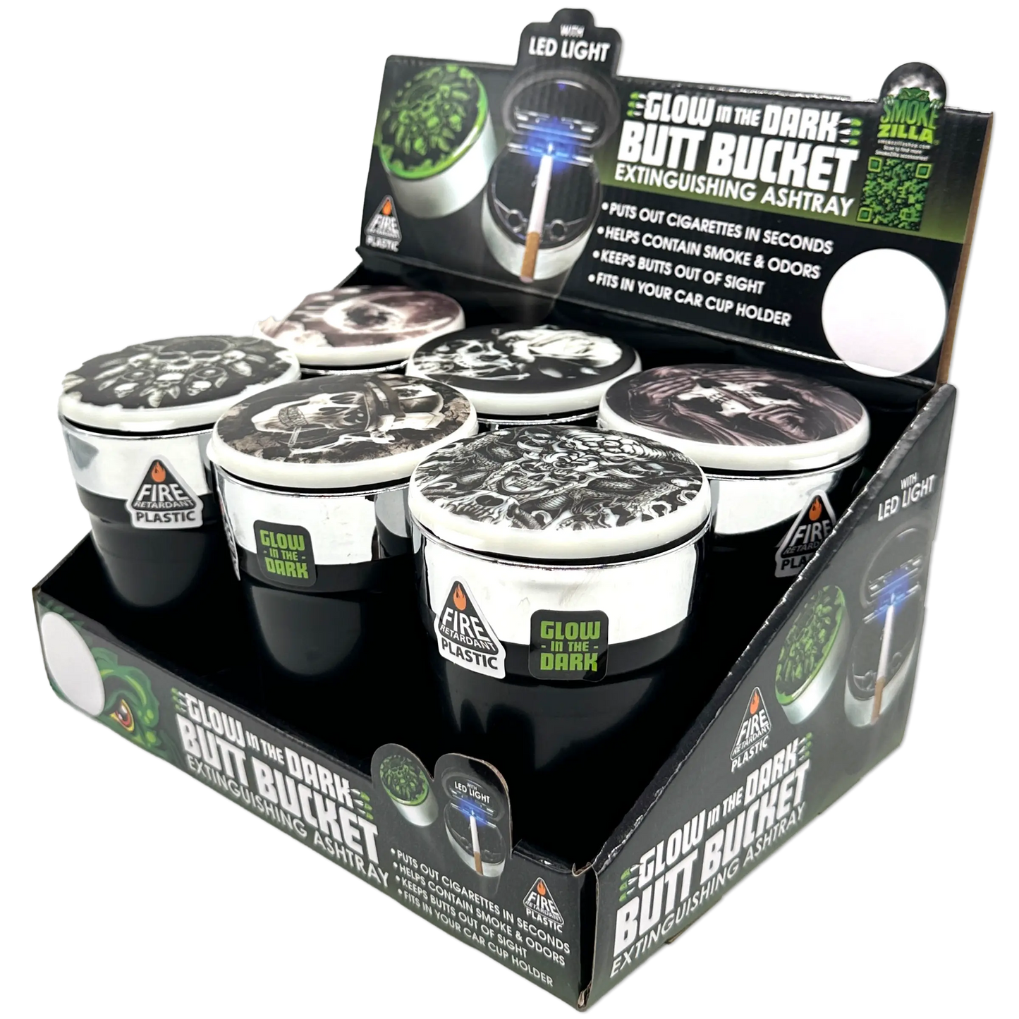 Glow In The Dark Lid Butt Bucket Ashtray with LED Light - 6 Per Retail Ready Wholesale Display 23543 SMOKEZILLA