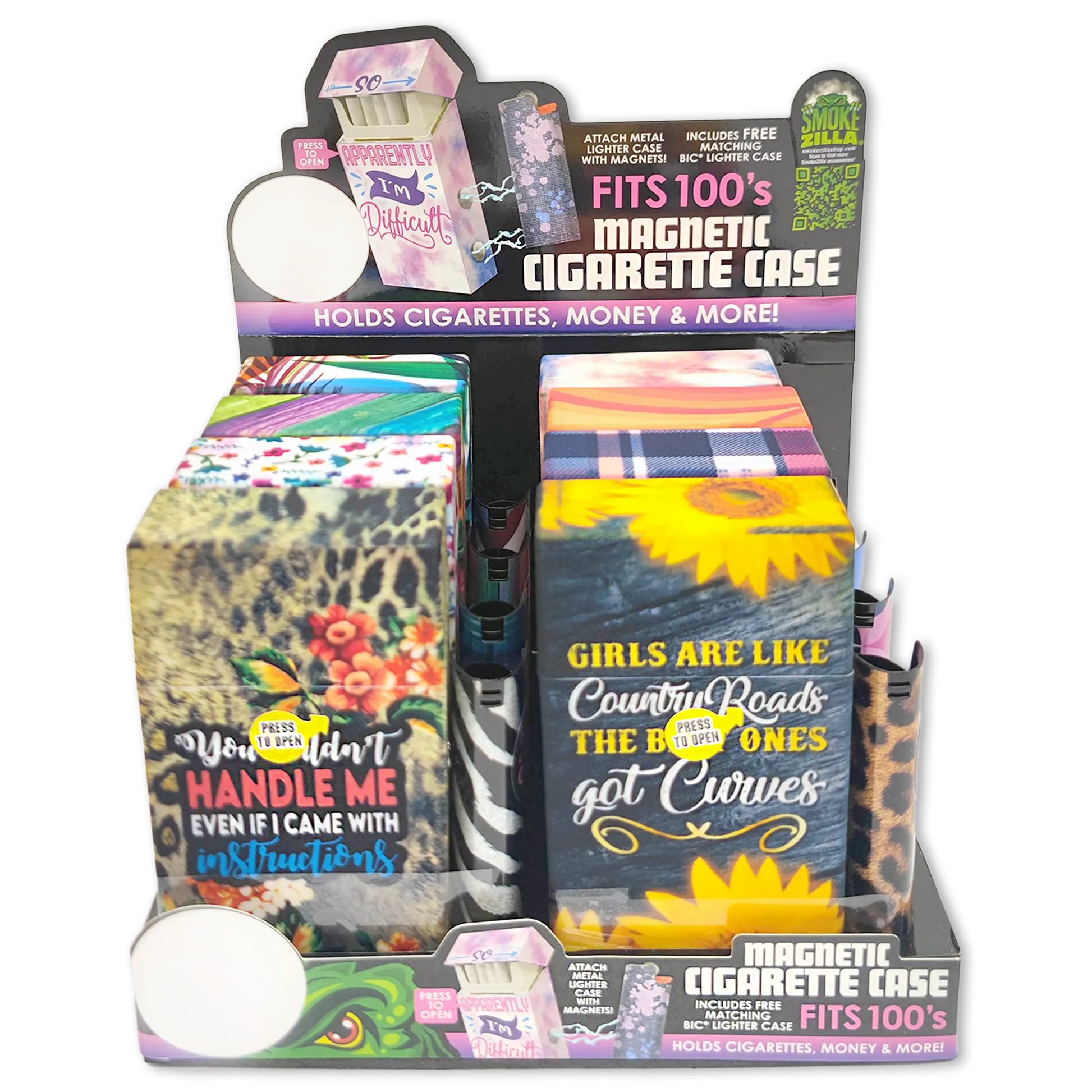 100s Cigarette Storage Case With Magnetic Lighter Case - 8 Pieces Per Retail Ready Display 23545 SMOKEZILLA
