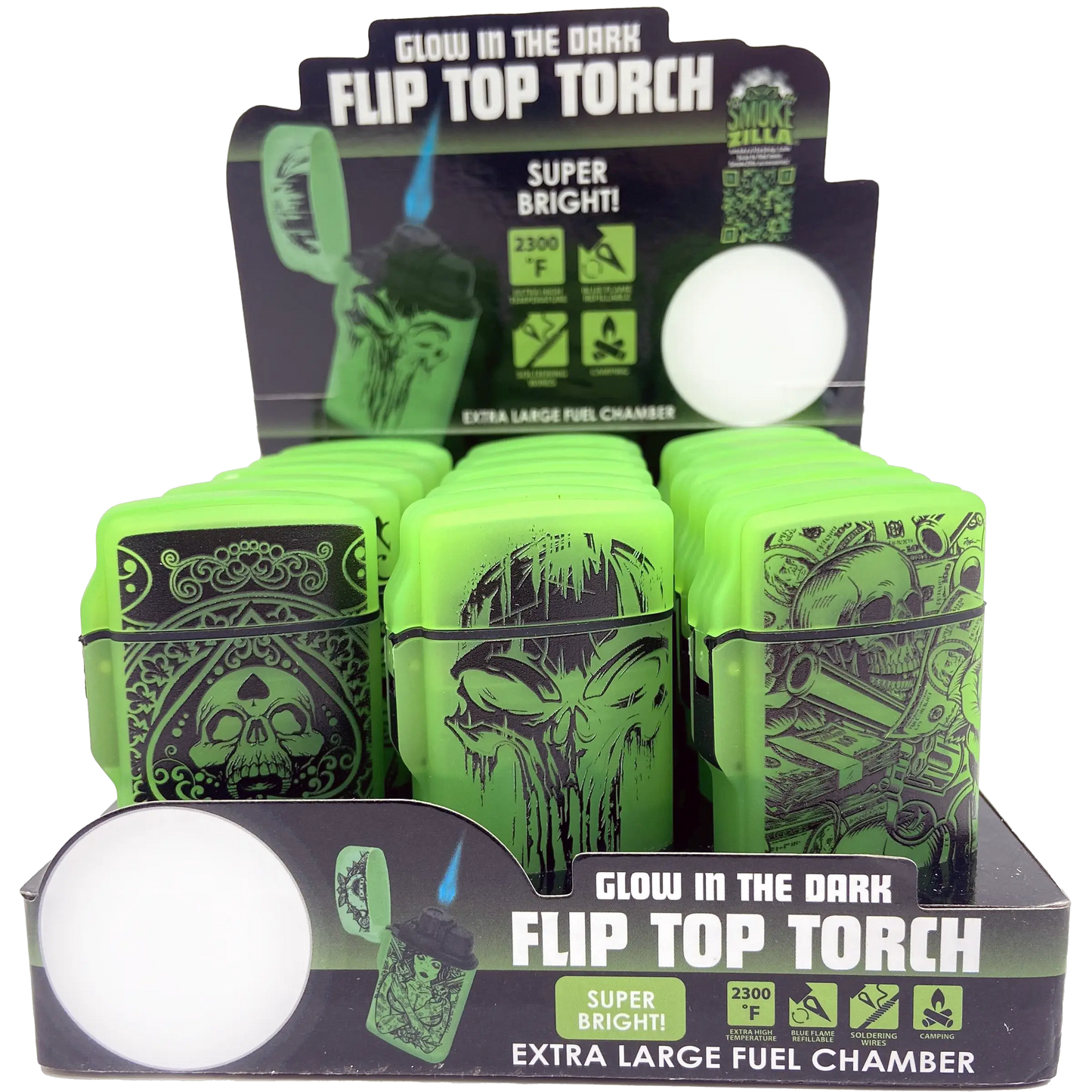 Glow In The Dark Flip Top Torch Lighter - 15 Pieces Per Retail Ready Display 23602 SMOKEZILLA