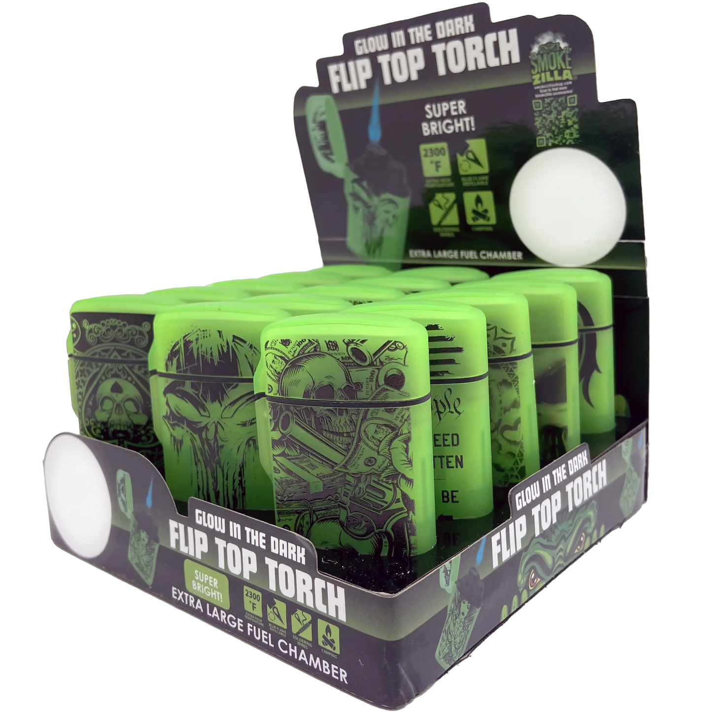 Glow In The Dark Flip Top Torch Lighter - 15 Pieces Per Retail Ready Display 23602 SMOKEZILLA