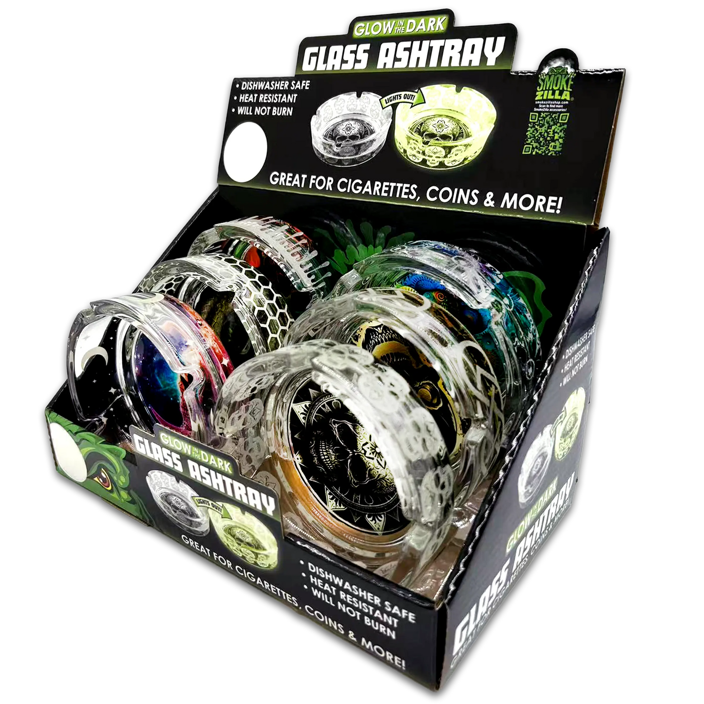 Glow in The Dark Glass Ashtray - 6 Pieces Per Retail Ready Display 23719 SMOKEZILLA
