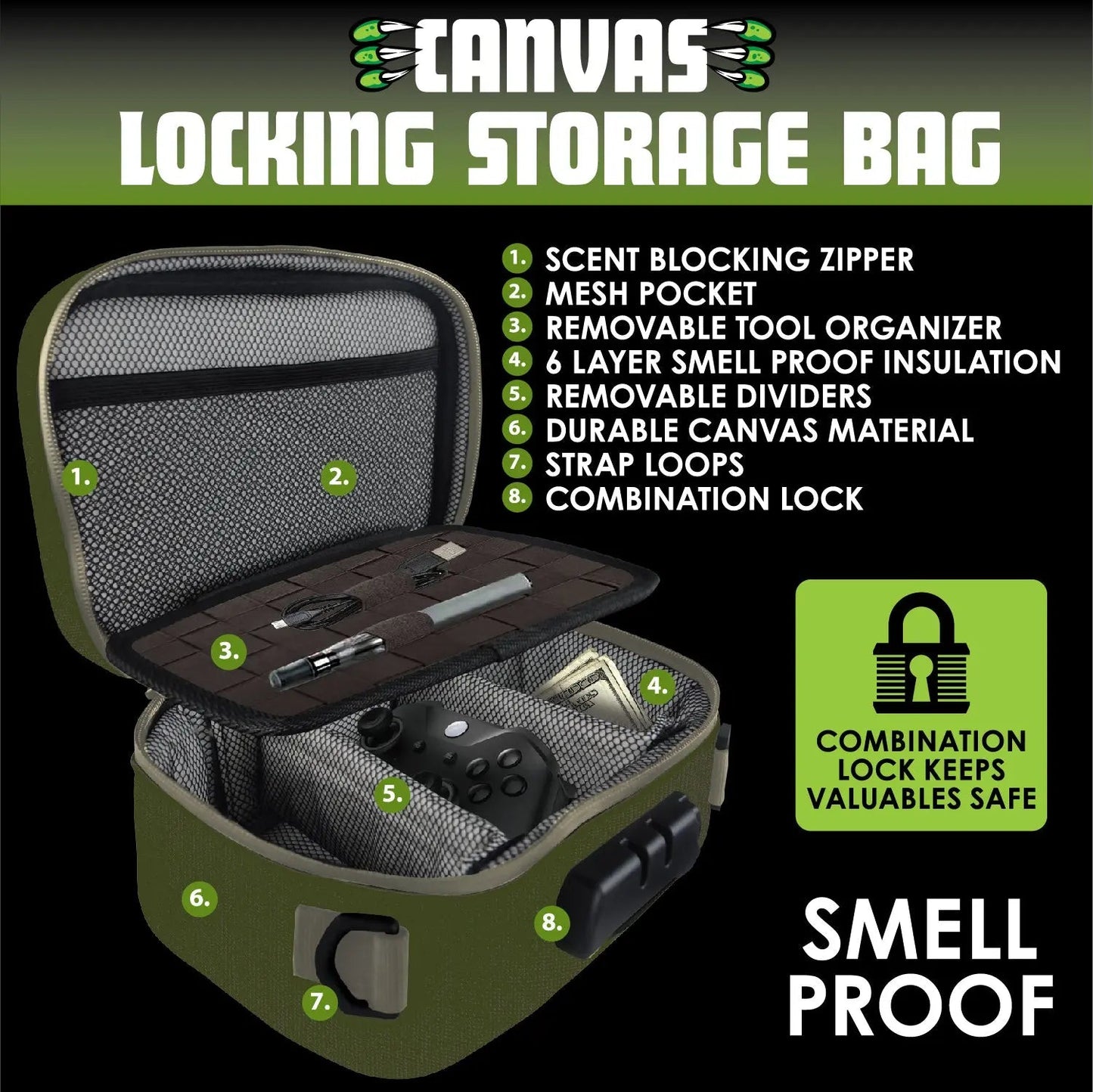 Smell Proof Canvas Printed Lock Bag with Tool Organizer - 4 Pieces Per Retail Ready Display 23720 SMOKEZILLA