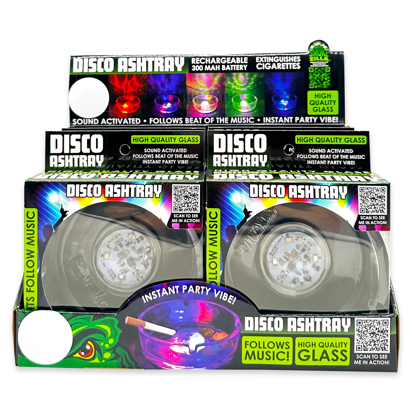 Disco Glass Ashtray with Sound Activated LED Lights - 6 Pieces Per Retail Ready Display 23743 SMOKEZILLA