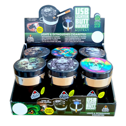 Printed Lid Butt Bucket Ashtray With Usb Coil Lighter & LED Light - 6 Per Retail Ready Wholesale Display 23805 SMOKEZILLA