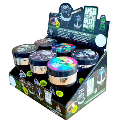 Printed Lid Butt Bucket Ashtray With Usb Coil Lighter & LED Light - 6 Per Retail Ready Wholesale Display 23805 SMOKEZILLA