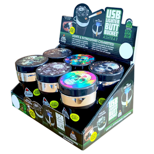 Printed Lid Butt Bucket Ashtray With Usb Coil Lighter & LED Light - 6 Per Retail Ready Wholesale Display 23805 SMOKEZILLA