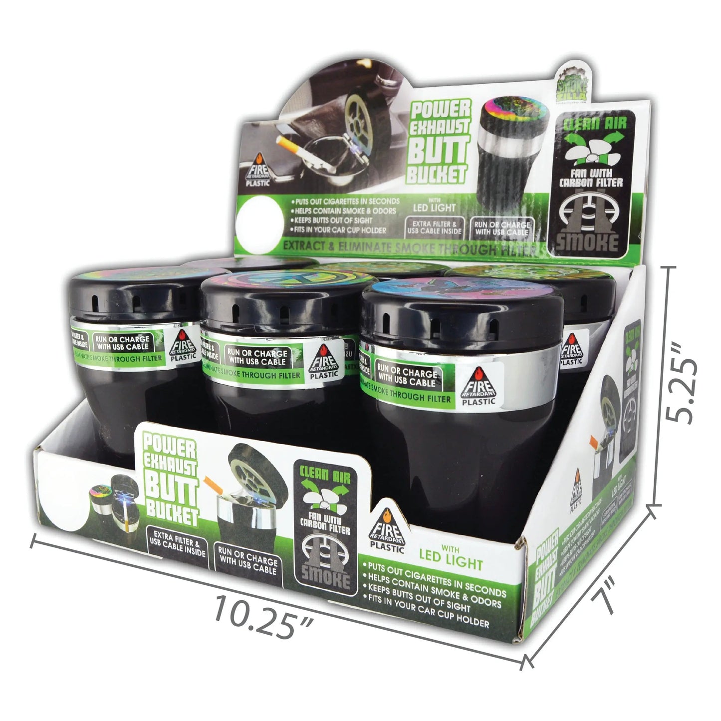 Printed Lid Butt Bucket Ashtray with Power Exhaust Fan - 6 Per Retail Ready Display 24394 SMOKEZILLA