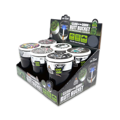 Glow In The Dark Lid Butt Bucket Ashtray with LED Light - 6 Per Retail Ready Display 25397 SMOKEZILLA