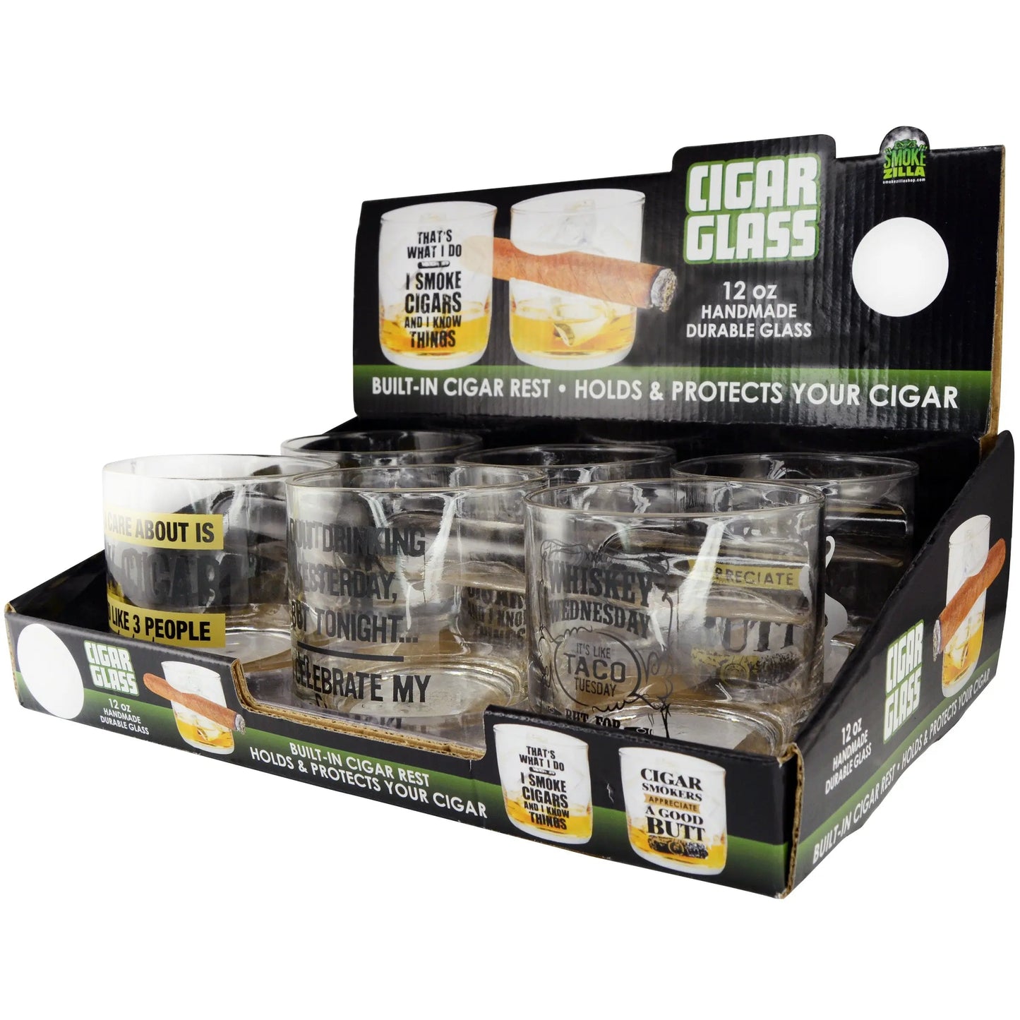 12 oz Drinking Glass with Cigar Rest - 6 Pieces Per Retail Ready Display 25550 SMOKEZILLA