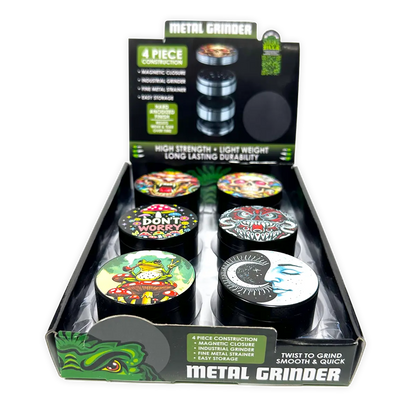 Metal 4 Piece Grinder with Printed Top - 6 Pieces Per Retail Ready Display 25551 SMOKEZILLA