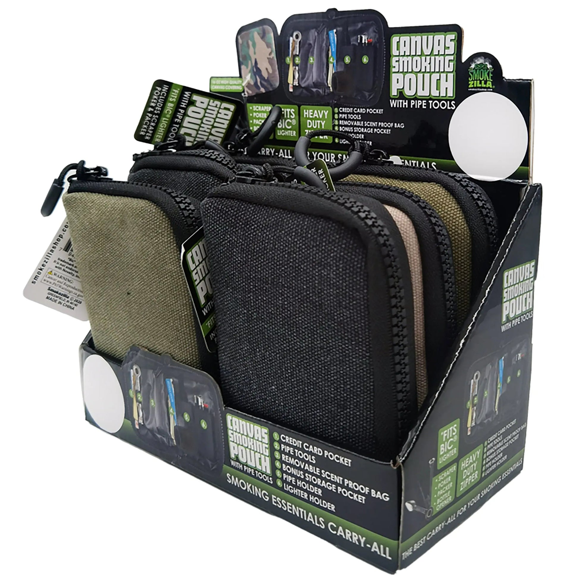 Canvas Smoking Pouch with Zipper  - 6 Pieces Per Retail Ready Display 26016 SMOKEZILLA