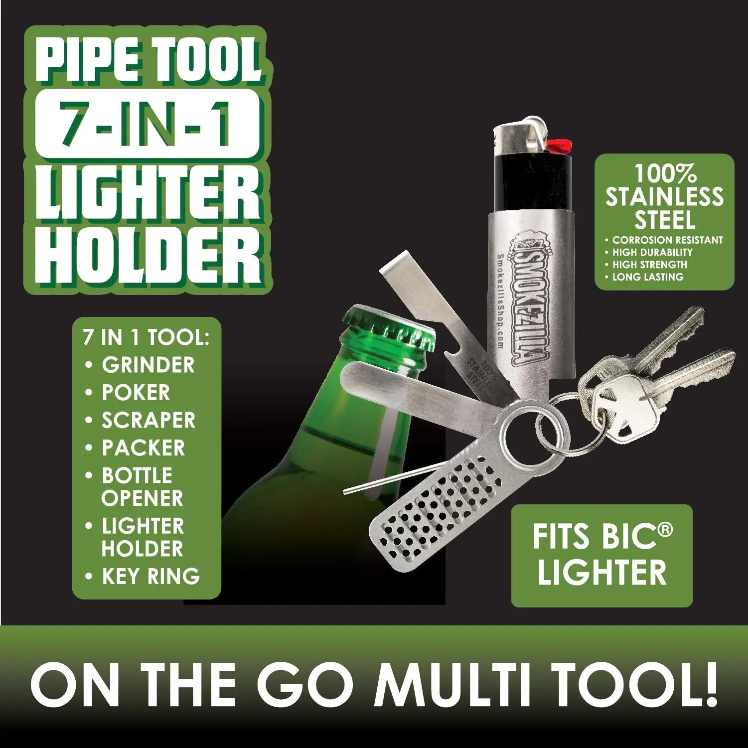Metal Lighter Case Key Chain with Grinder - 6 Pieces Per Retail Ready Display 26044 SMOKEZILLA