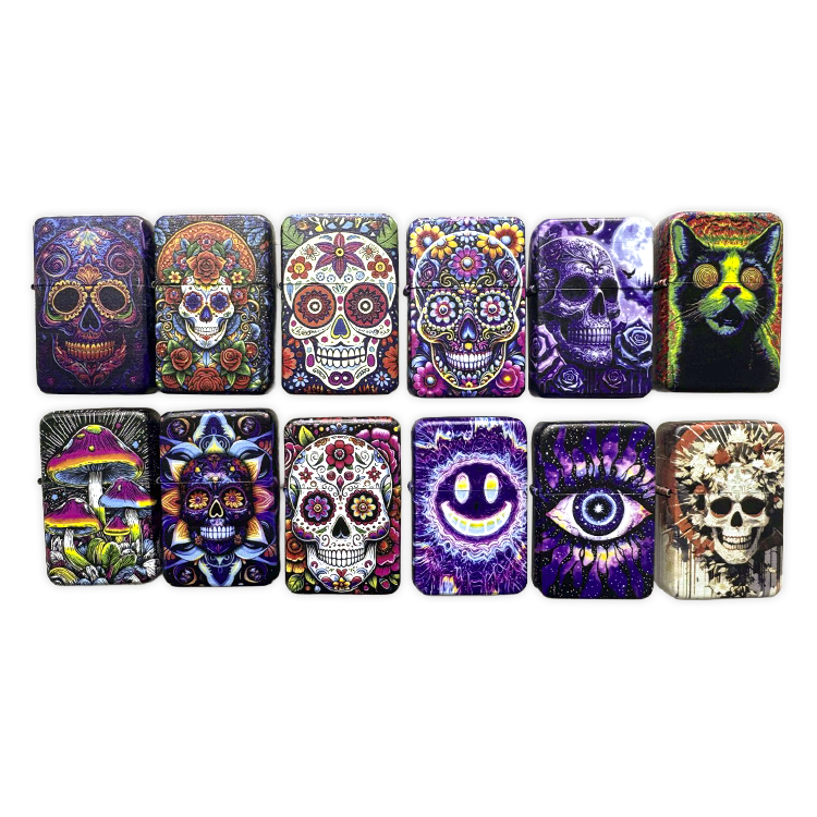 Sugar Skull Metal Flip Top Lighter - 12 Pieces Per Retail Ready Display 26548