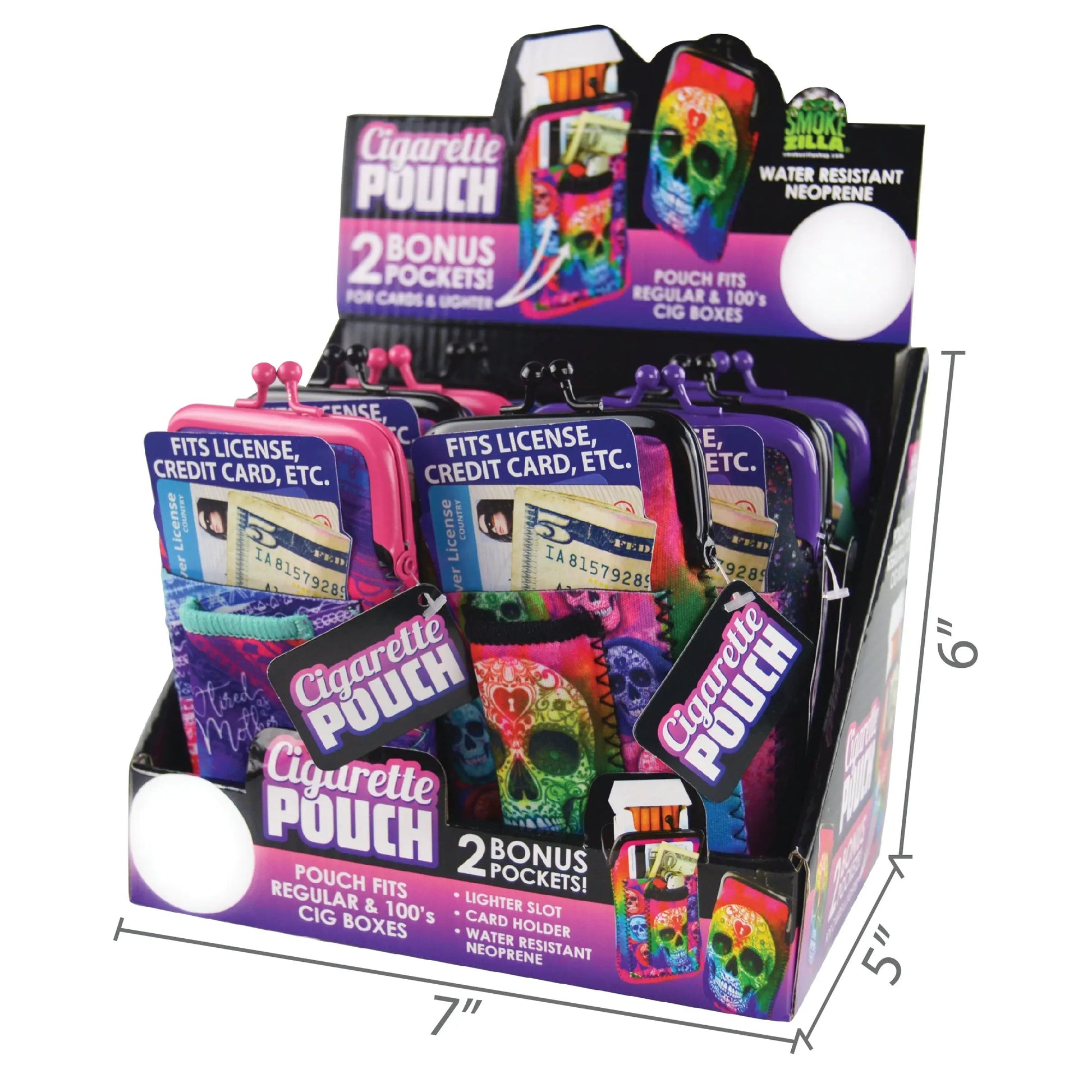 Neoprene Cigarette Pouch with Pocket - 8 Pieces Per Retail Ready Display 26661 SMOKEZILLA
