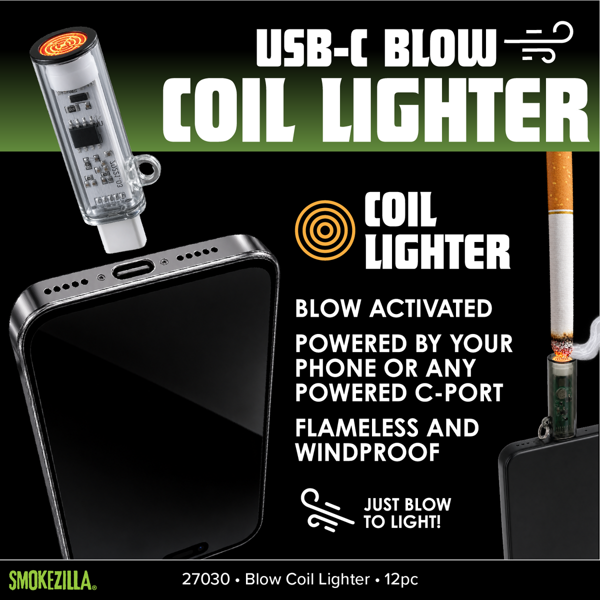USB-C Blow Coil Lighter - 12 Pieces Per Retail Ready Display 27030
