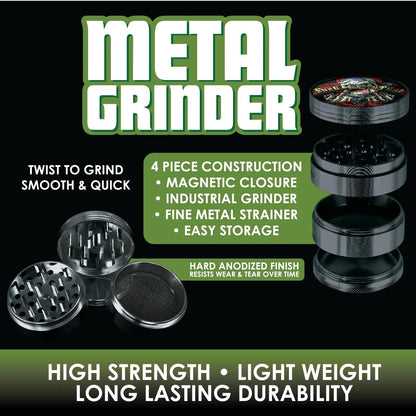 Metal 4 Piece Grinder with Printed Top - 6 Pieces Per Retail Ready Display 30015 SPICY ZILLA