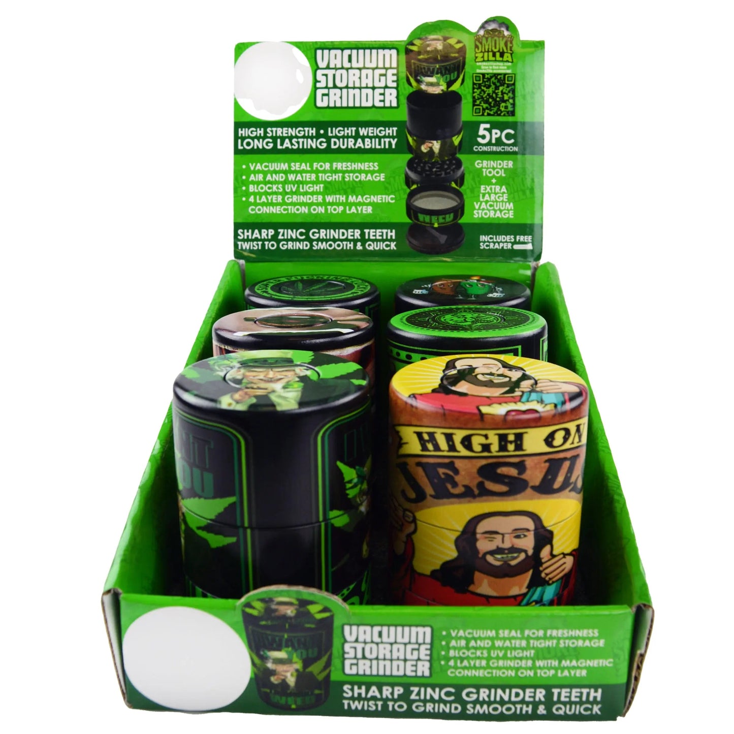 Plastic 5 Piece Grinder with Vacuum Sealed Container - 6 Pieces Per Retail Ready Display 30029 SPICY ZILLA