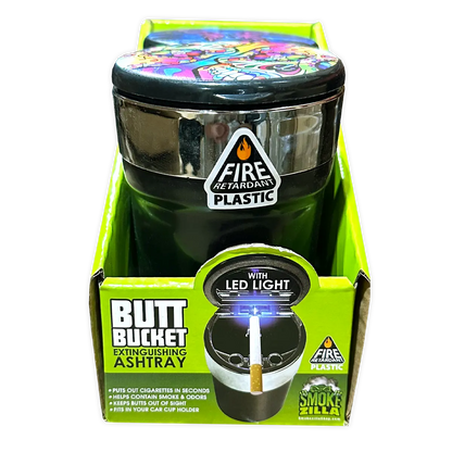 Printed Lid Butt Bucket Ashtray with LED light- 2 Per Retail Ready Wholesale Display 40309 SMOKEZILLA