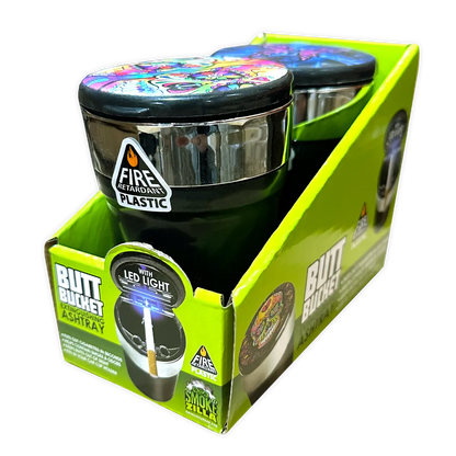 Printed Lid Butt Bucket Ashtray with LED light- 2 Per Retail Ready Wholesale Display 40309 SMOKEZILLA