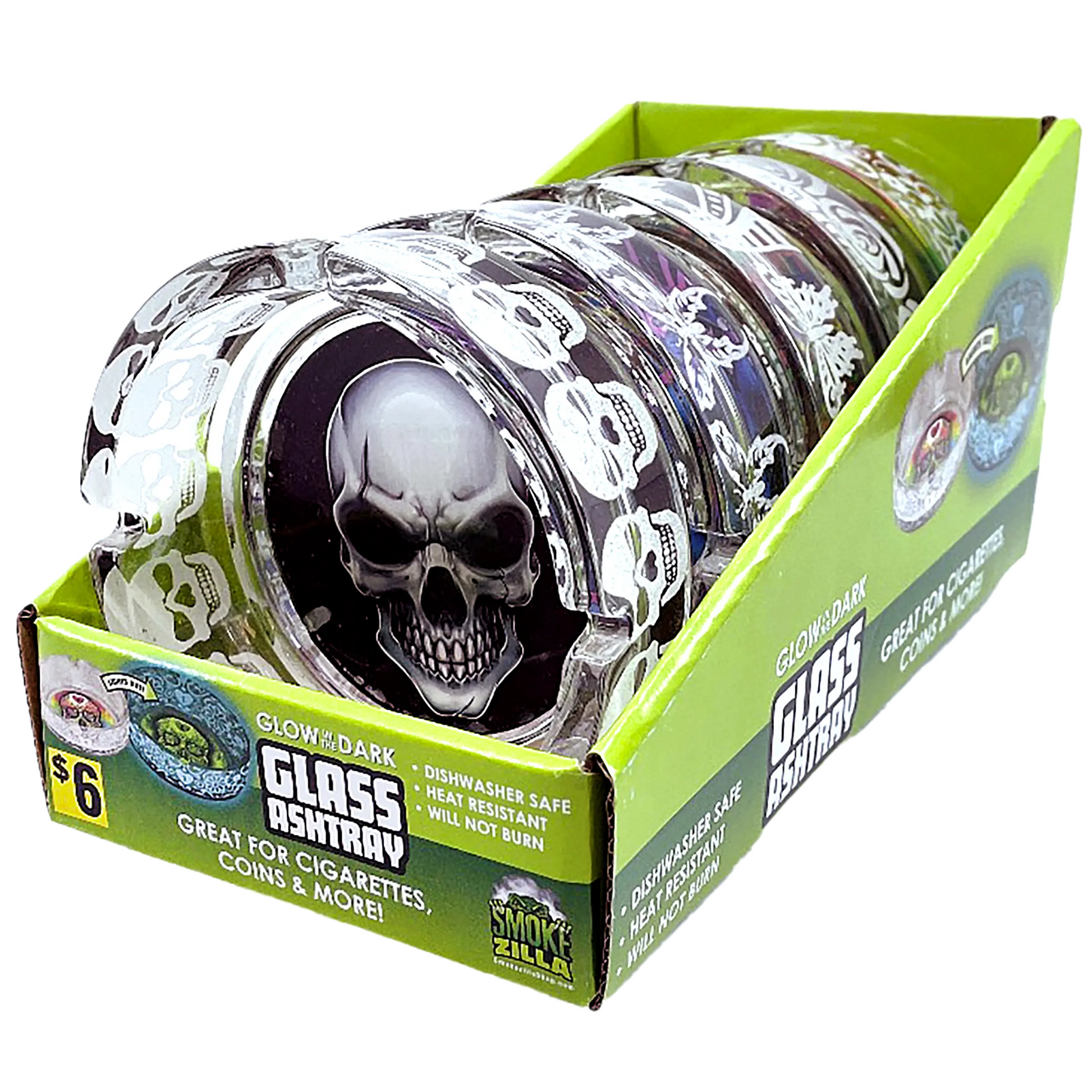 Glow in The Dark Glass Ashtray - 5 Pieces Per Retail Ready Display 41358 SMOKEZILLA