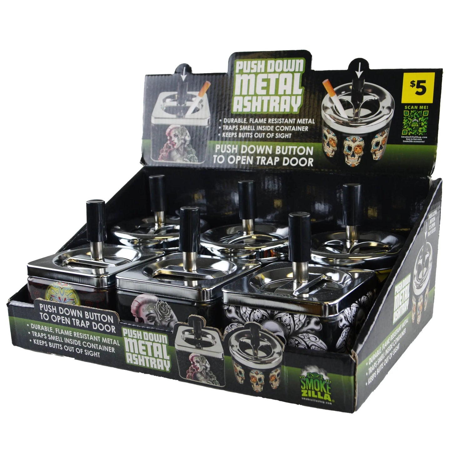 Push Down Metal Ashtray- 6 Per Retail Ready Wholesale Display 41420 SMOKEZILLA