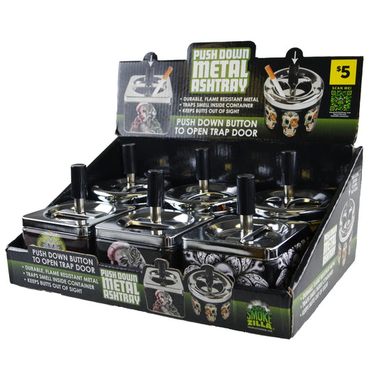 Push Down Metal Ashtray- 6 Per Retail Ready Wholesale Display 41420 SMOKEZILLA