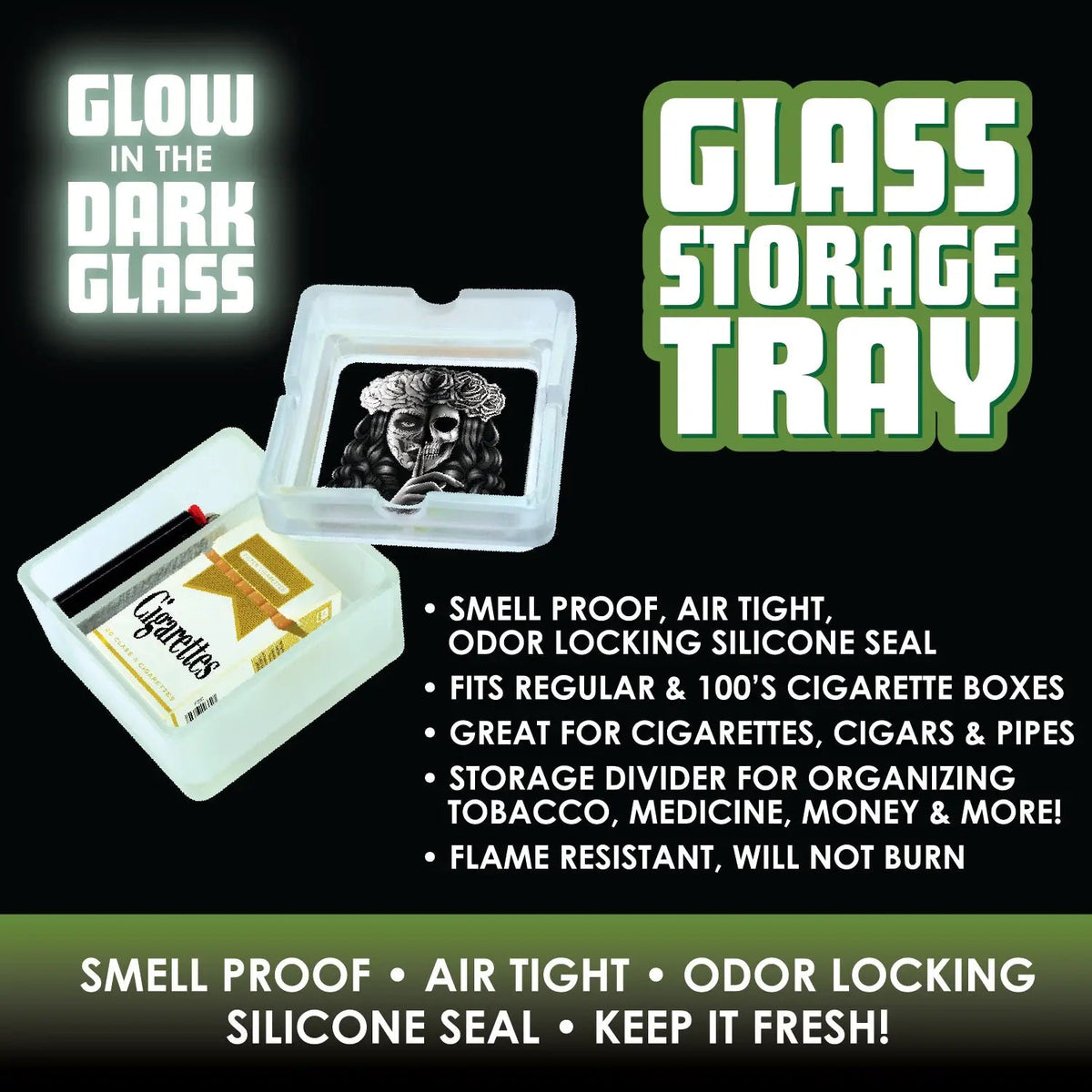 Glow in The Dark Large Glass Ashtray with Storage - 6 Per Retail Ready Display 88292 SMOKEZILLA