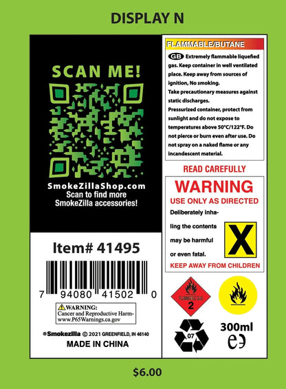 300ML Bulk Smokezilla Butane Refill - 6 Pieces Per Retail Ready Display 41495 SMOKEZILLA