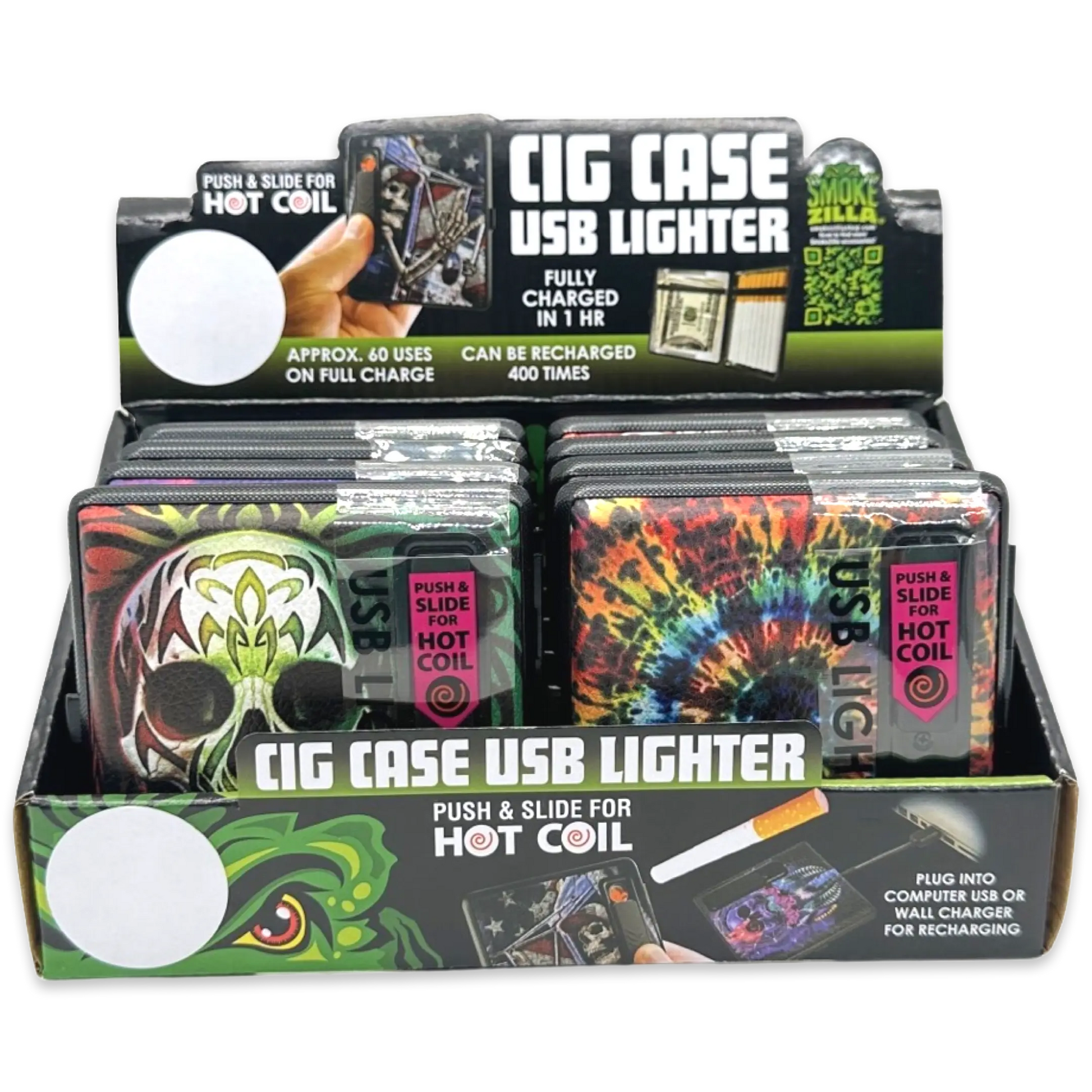 Cigarette Case with USB Coil Lighter - 8 Pieces Per Retail Ready Display 23521 SMOKEZILLA